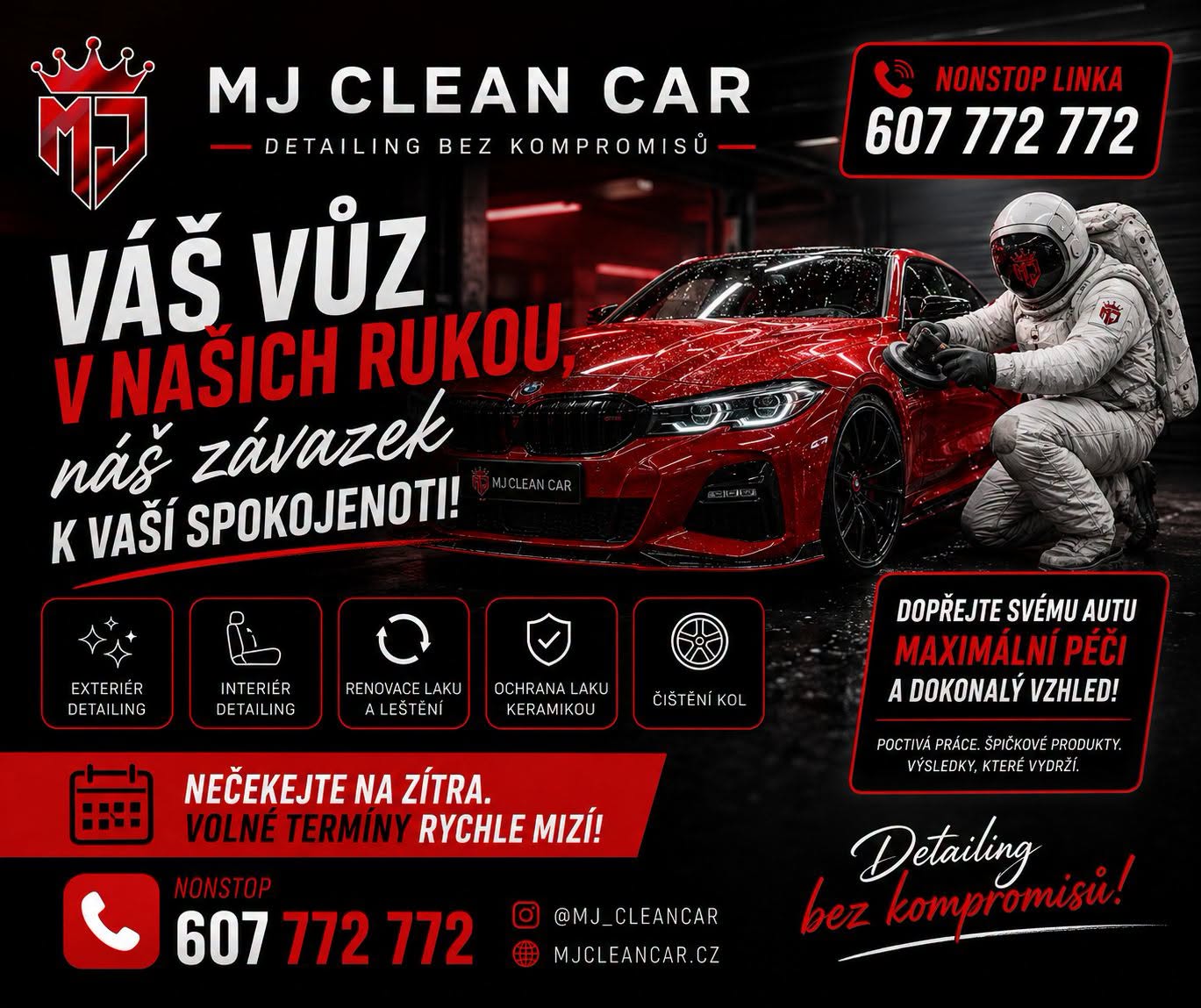 MJ Clean Car — hlavní detailingová kreativita s červeným vozem, astronautem, službami a kontaktem