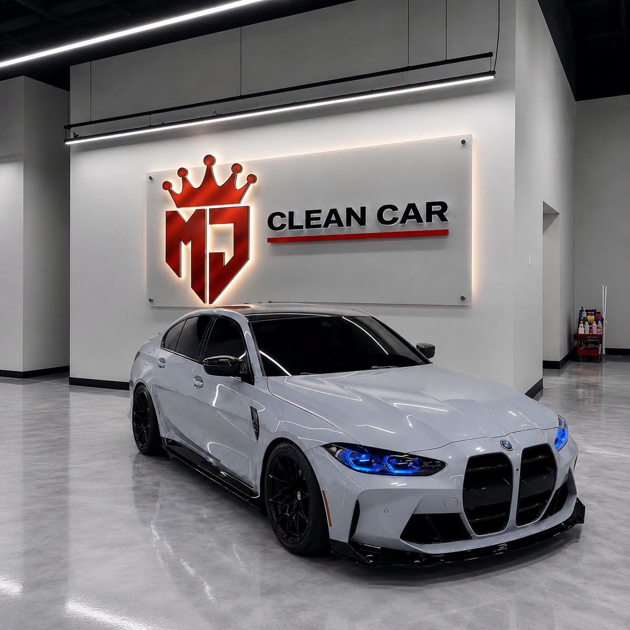MJ Clean Car — čistý bílý showroom s vozem