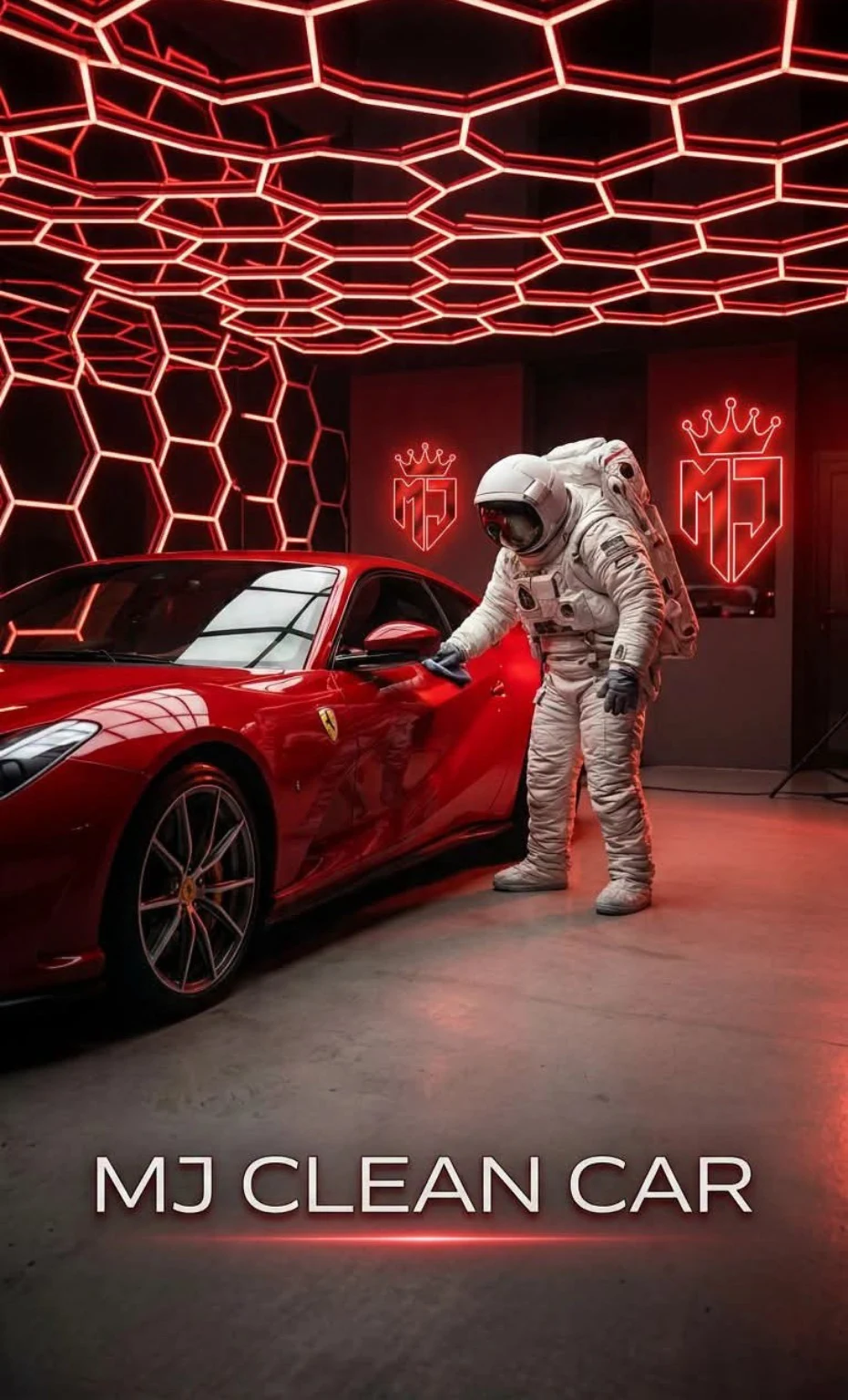 MJ Clean Car — astronaut pečuje o červený sportovní vůz v červeně nasvíceném detailingovém studiu